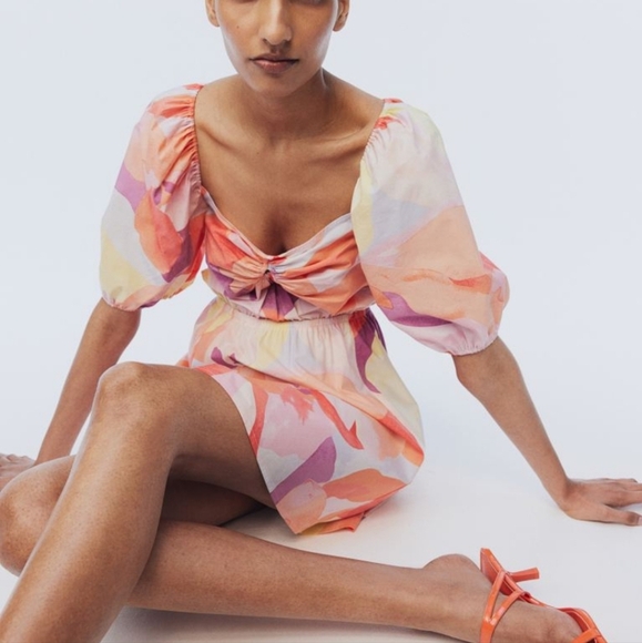 H&M Sweetheart Neckline Poplin Colorful Abstract Puff Sleeve Mini VacationDress - Picture 1 of 10